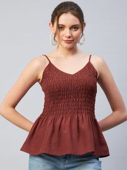 Carlton London - Women Casual Brown Textured Peplum Top