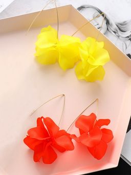 Yellow Chimes - Set of 2 Pairs Gold -toned Yellow and Red Floral Petals Long Dangle Earrings