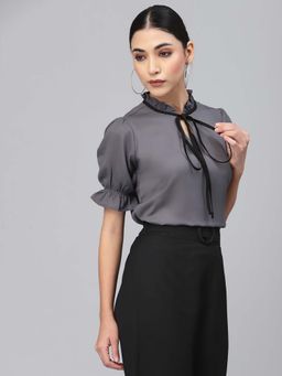 Style Quotient - Women Grey Tie-Up Neck Top