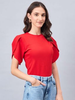 Style Quotient - Women Solid Red Poly Knit Smart Casual Regular Tulip Sleeve Top