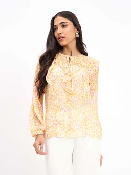 SALT Attire - Floral Tie-Up Neck Top with Ruffle Detail