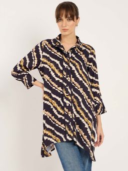 Femmella - Navy Abstract Print Asymmetric Top