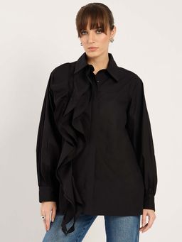 Femmella - Black Ruffle Detailing Poplin Shirt