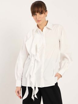 Femmella - White Ruffle Detailing Poplin Shirt