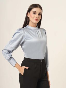 Style Quotient - Women Solid Powder Blue Satin Regular Party Top