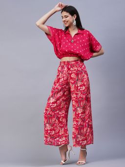 FASHOR - Floral Printed Cutdana Embroidered Crop Top with Floral Palazzo Fuchsia (Set of 2)
