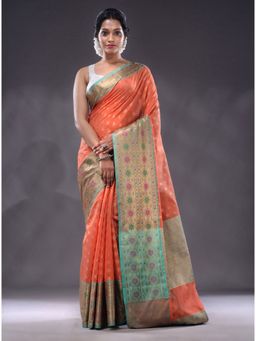 CHARUKRITI - Salmon Orange Cotton Blend Handwoven Saree With Unstitched Blouse