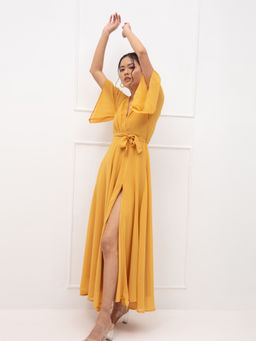 Twenty Dresses by Nykaa Fashion - Yellow Solid V Neck Maxi Dress