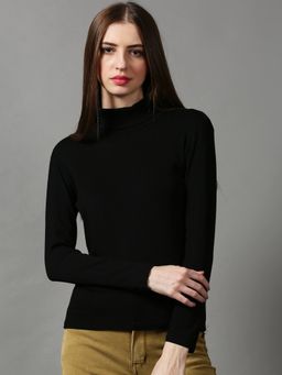 SHOWOFFFF - Women's Solid High Neck Black Regular Top