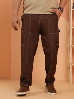 Instafab Plus - Men Mocha Brown Contrast-Stitch Carpenter Utility Trouser