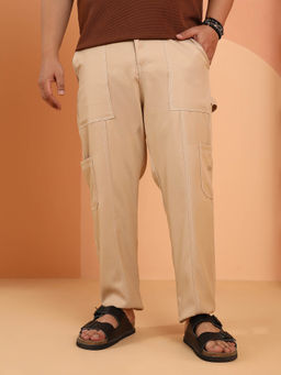 Instafab Plus - Men Khaki Beige Contrast-Stitch Carpenter Utility Trouser