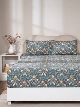 Maspar - 100% Cotton Double Bed Fitted Bedsheet With 2 Pillow Case -144 Tc