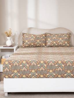 Maspar - 100% Cotton Double Bed Fitted Bedsheet With 2 Pillow Case -144 Tc