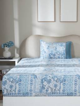Maspar - 100% Cotton Printed Single Bed Fitted Bedsheet With 1 Pillow Case -300 Tc