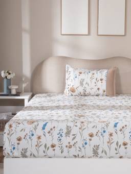 Maspar - 100% Cotton Printed Single Bed Fitted Bedsheet With 1 Pillow Case -300 Tc
