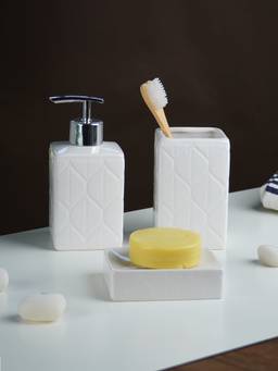 The Golden Theory - White Geometric Embossed Ceramic Bathroom Set Of 3
