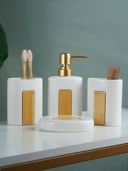 The Golden Theory - White And Bamboo Bathroom Accessory Set Of 4