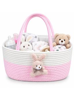 House of Quirk - Pink Baby Diaper Caddy Organizer Cotton Rope Large Storage Basket