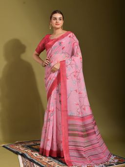 Odette - Pink Linen Designer Saree with Unstitched Blouse
