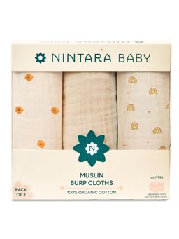 NINTARA BABY - Unisex Beige Printed Burp Cloths (Pack of 3)