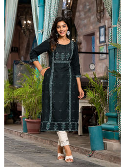 Juniper - Bottle Green Ethnic Motif Printed Rayon Kurta with Straight Hemline for Women