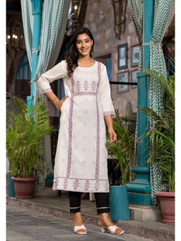 Juniper - White Ethnic Motif Printed Rayon Round Neck Kurta with Straight Hemline for Women