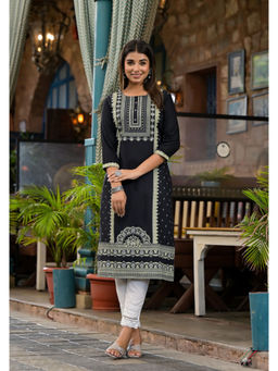 Juniper - Black Ethnic Motif Printed Rayon Kurta with Straight Hemline and Buttons