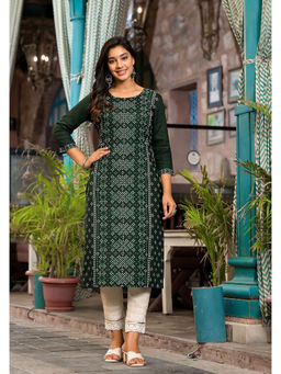 Juniper - Green Ethnic Motif Printed Round Neck Rayon Kurta with Straight Hemline