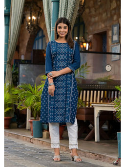 Juniper - Teal Ethnic Motif Printed Round Neck Rayon Kurta with Straight Hemline