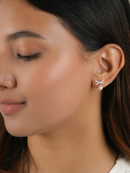 Tora - Silver Sphere Bow-Shaped Pearl Earrings