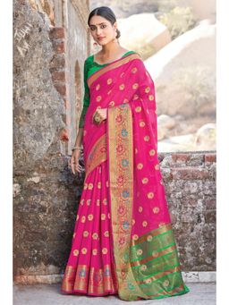 Sangam Prints - Pink Cotton Woven Work Traditional Saree with Unstitched Blouse