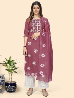 Vbuyz - Womens Batik Print And Mirror Straight Magenta Stitched Kurta With Dupatta (Set of 2)