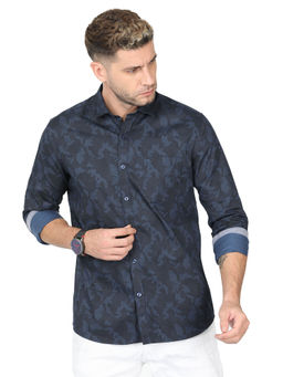 Classic Polo - Mens Cotton Printed Slim Fit Polo Neck Navy Blue Color Shirt