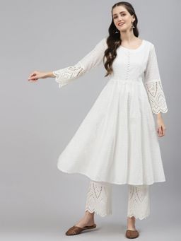 Readiprint - Cotton White Anarkali Style Chikankari Kurta and Palazzo (Set of 2)
