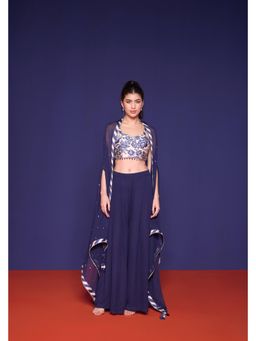 RCKC Aurum - Women Azur Bloom Navy Blue Top Palazzo And Cape Set