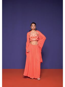 RCKC Aurum - Women Rouge Bloom Orange Top Palazzo And Cape Set