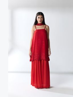 RCKC Aurum - Women Crimson Flame Red Embellished Kurta With Palazzo With Dupatta