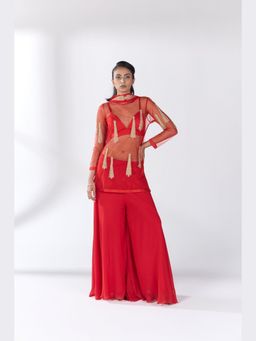 RCKC Aurum - Women Crimson Flame Sheer Embellished Indo-Western Top, Blouse And Palazzos