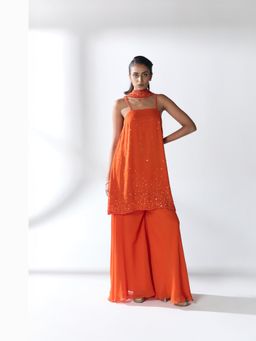 RCKC Aurum - Women Mandarin Mirage Orange Embellished Kurta With Palazzo With Dupatta