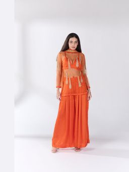 RCKC Aurum - Women Mandarin Mirage Sheer Embellished Indo Western Top, Blouse And Palazzos