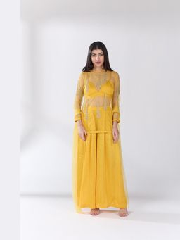 RCKC Aurum - Women Citron Drift Sheer Embellished Indo Western Top, Blouse And Palazzos