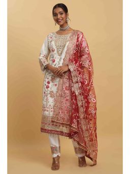 Aham-Vayam - Floral Embroidered White Kurta with Pant and Dupatta