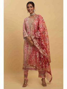 Aham-Vayam - Floral Embroidered Pink Kurta with Pant and Dupatta