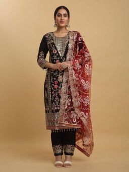 Aham-Vayam - Floral Embroidered Black Kurta with Pant and Dupatta