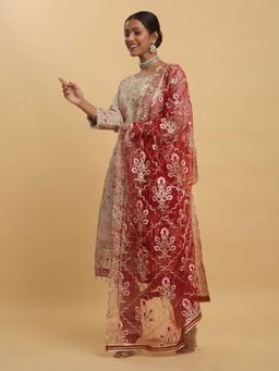 Aham-Vayam - Floral Embroidered Beige Kurta with Pant and Dupatta