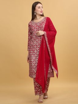 Aham-Vayam - Meer Embroidered Red Kurta with Pant and Dupatta