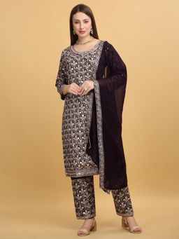 Aham-Vayam - Meer Embroidered Purple Kurta with Pant and Dupatta