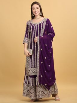 Aham-Vayam - Zar- Firdaus Embroidered Purple Kurta with Sharara and Dupatta