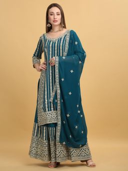 Aham-Vayam - Zar- Firdaus Embroidered Teal Kurta with Sharara and Dupatta