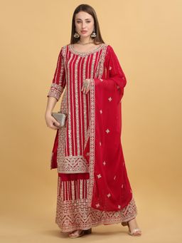 Aham-Vayam - Zar- Firdaus Embroidered Red Kurta with Sharara and Dupatta